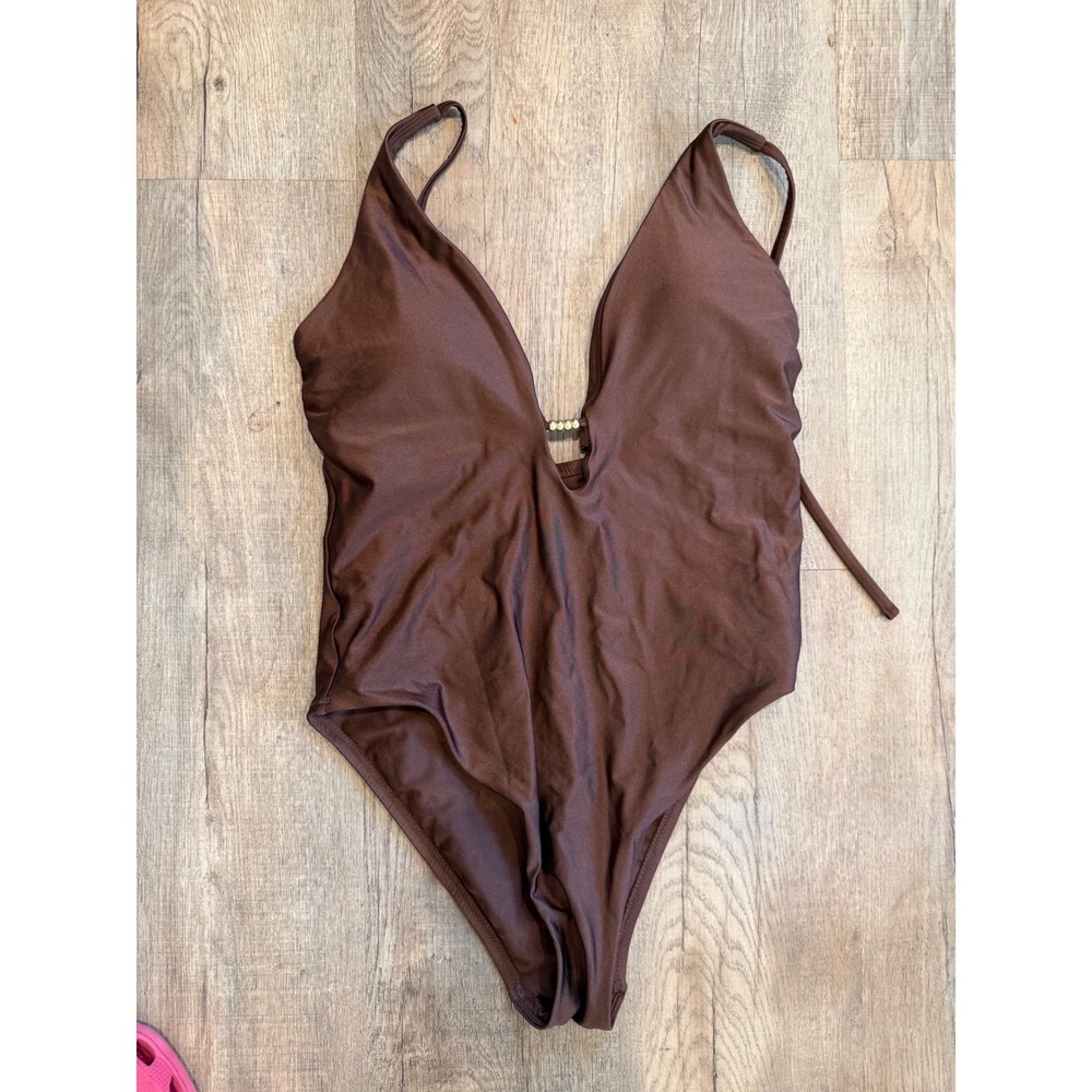 Shade &‎ Shore Brown Deep V-Neck One Piece Swimsuit Gold Bead Detail Large 12-14